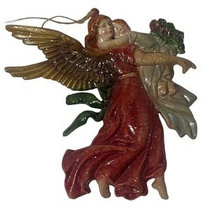 VTG‎ Raised Flying Christmas Shimmering Gold Wing Angel Ornament Holding A Baby